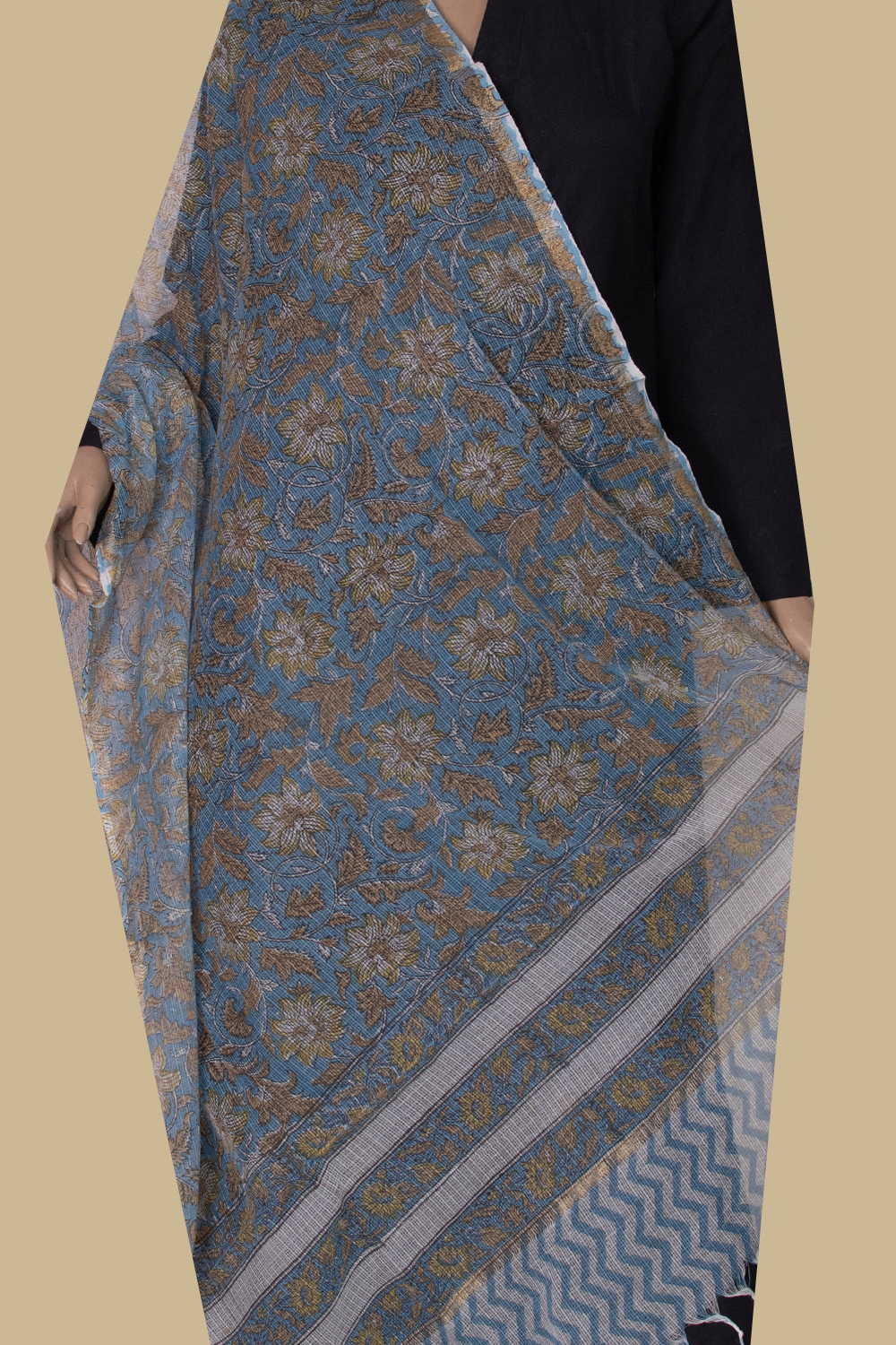 Floral Garden - Blue Block Printed Kota Cotton Dupatta - Image 3