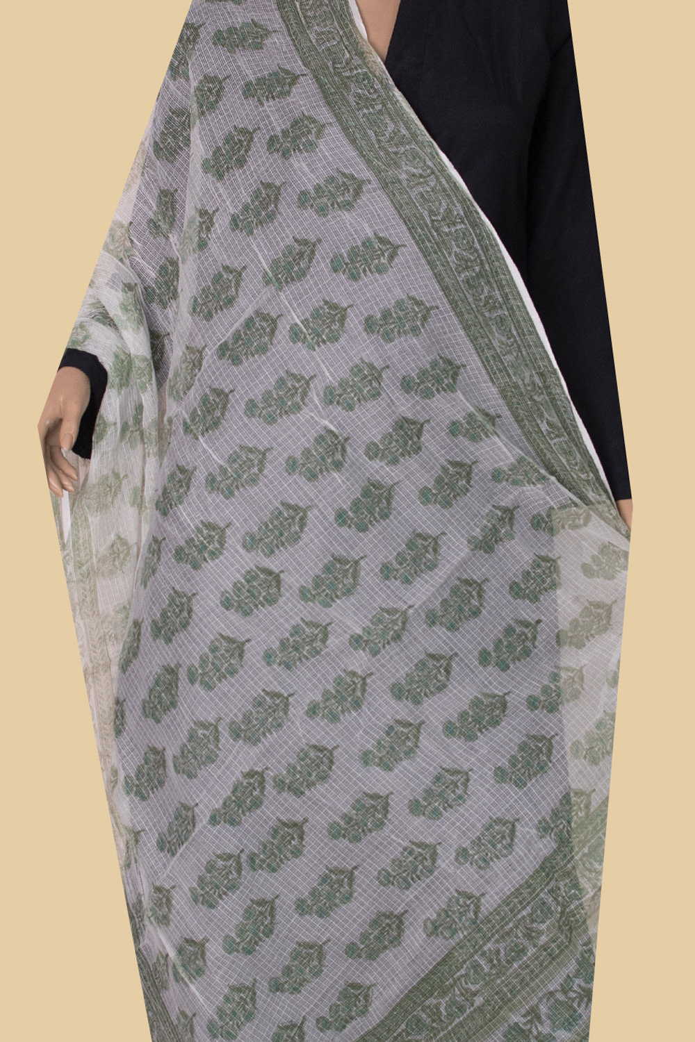 Green Blossom - Cream Block Printed Kota Cotton Dupatta