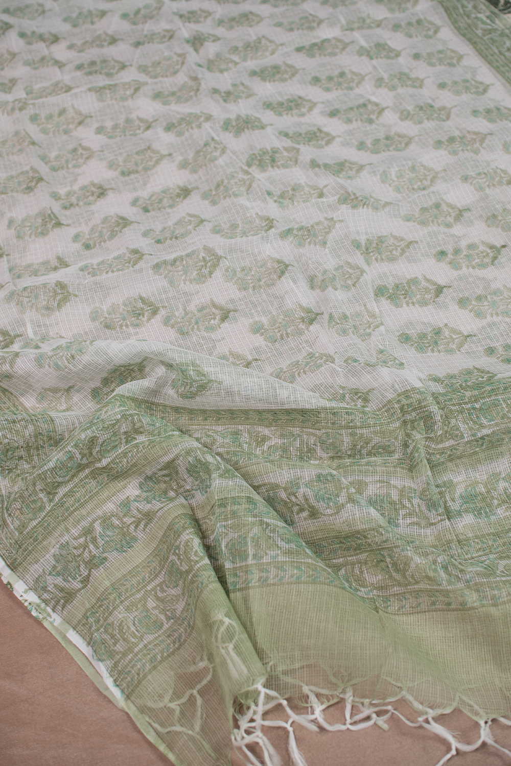 Green Blossom - Cream Block Printed Kota Cotton Dupatta - Image 2