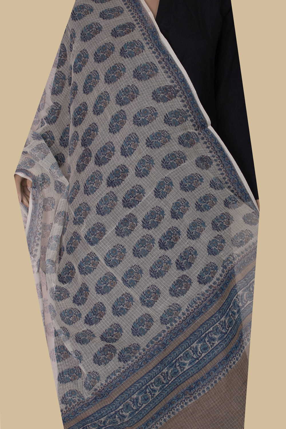 Off White - Block Printed Kota Cotton Dupatta - Image 3