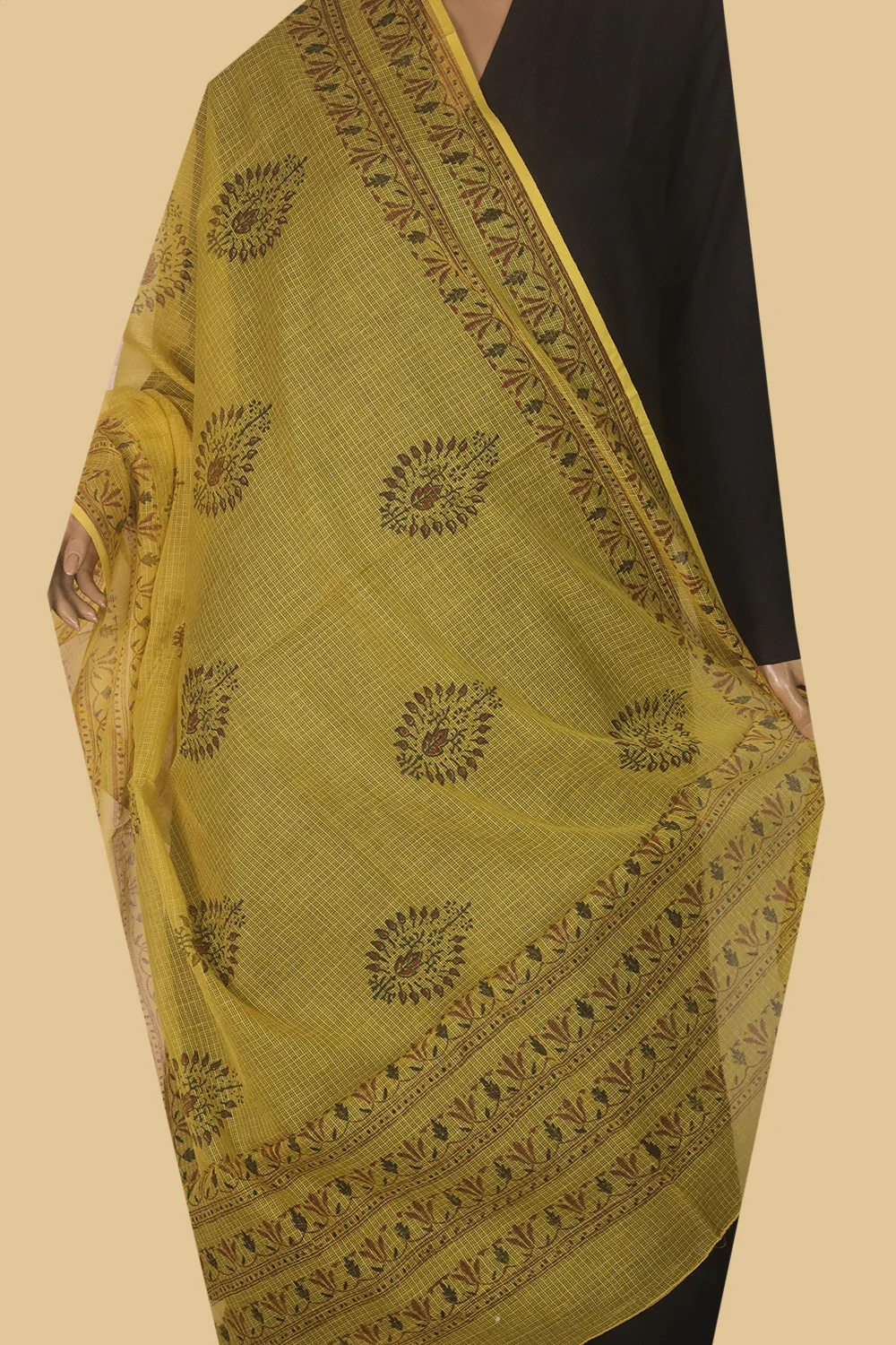 Floral Motifs on Yellow Kota Cotton Dupatta - Image 2