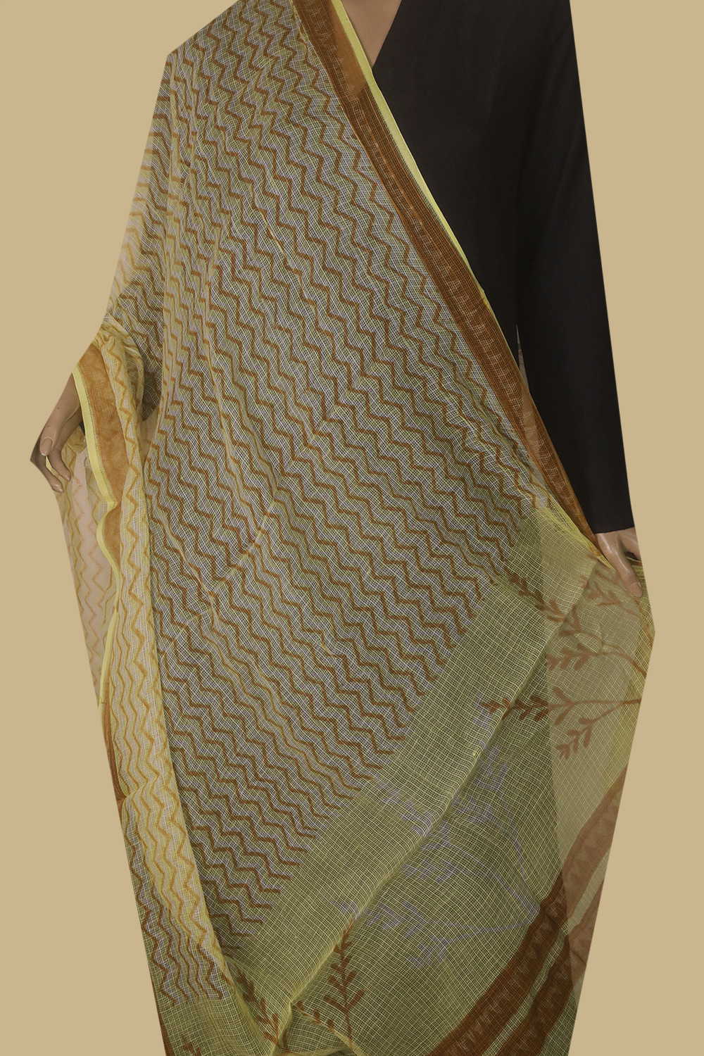 Chevrons on Yellow Block Printed Kota Cotton Dupatta - Image 2