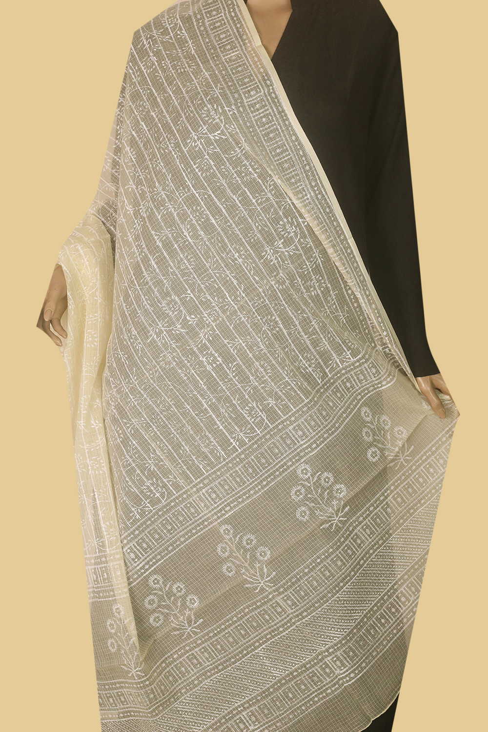 Creamy Yellow - Block Printed Kota Cotton Dupatta - Image 2