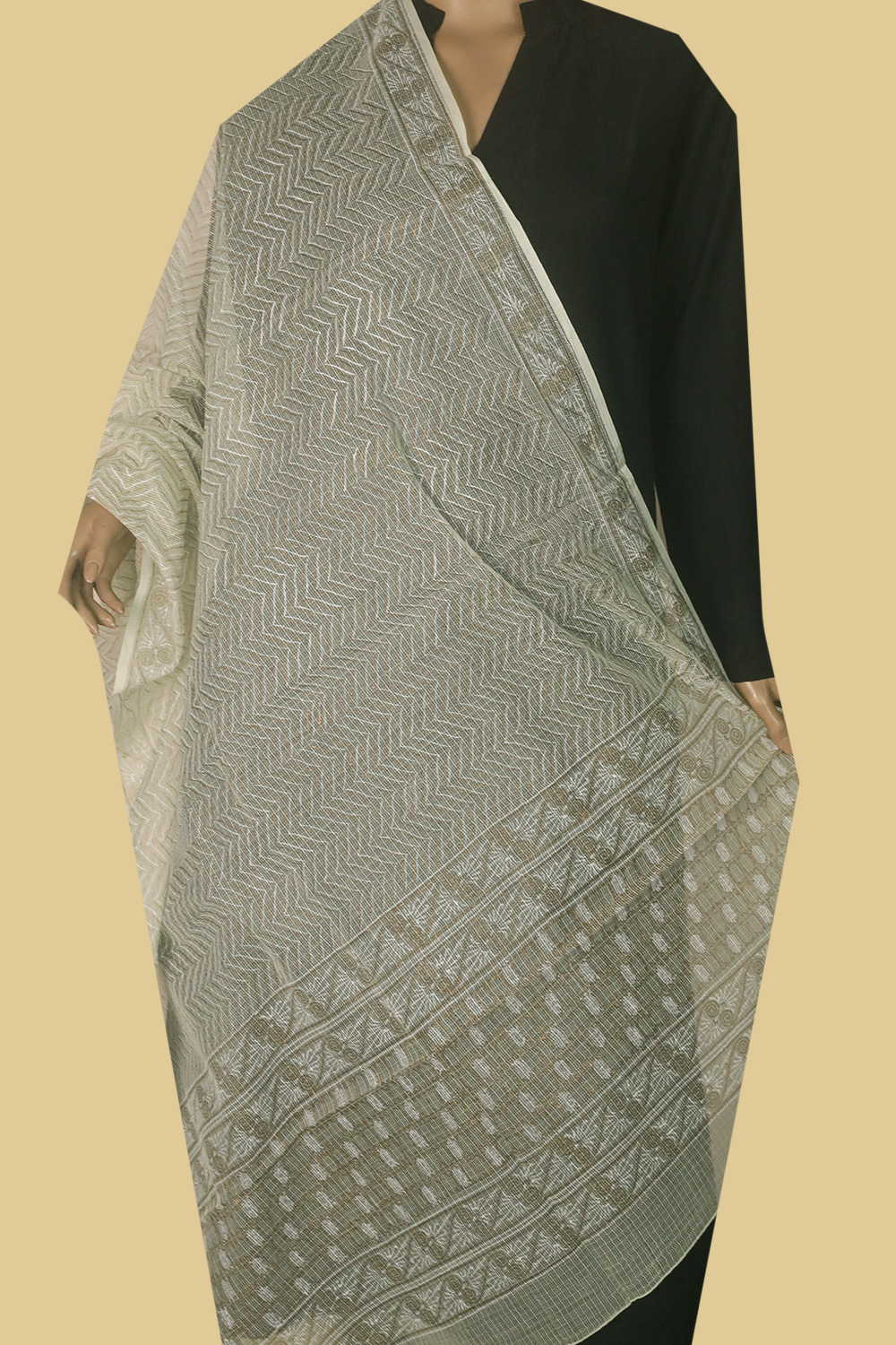 Chevrons on Beige Block Printed Kota Cotton Dupatta - Image 2