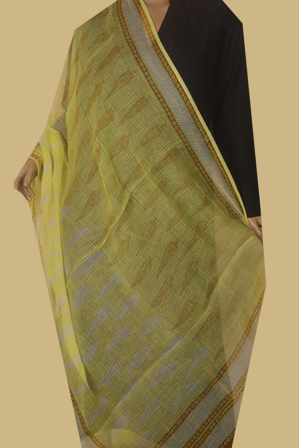 Brigth Yellow Block Printed Kota Cotton Dupatta - Image 2