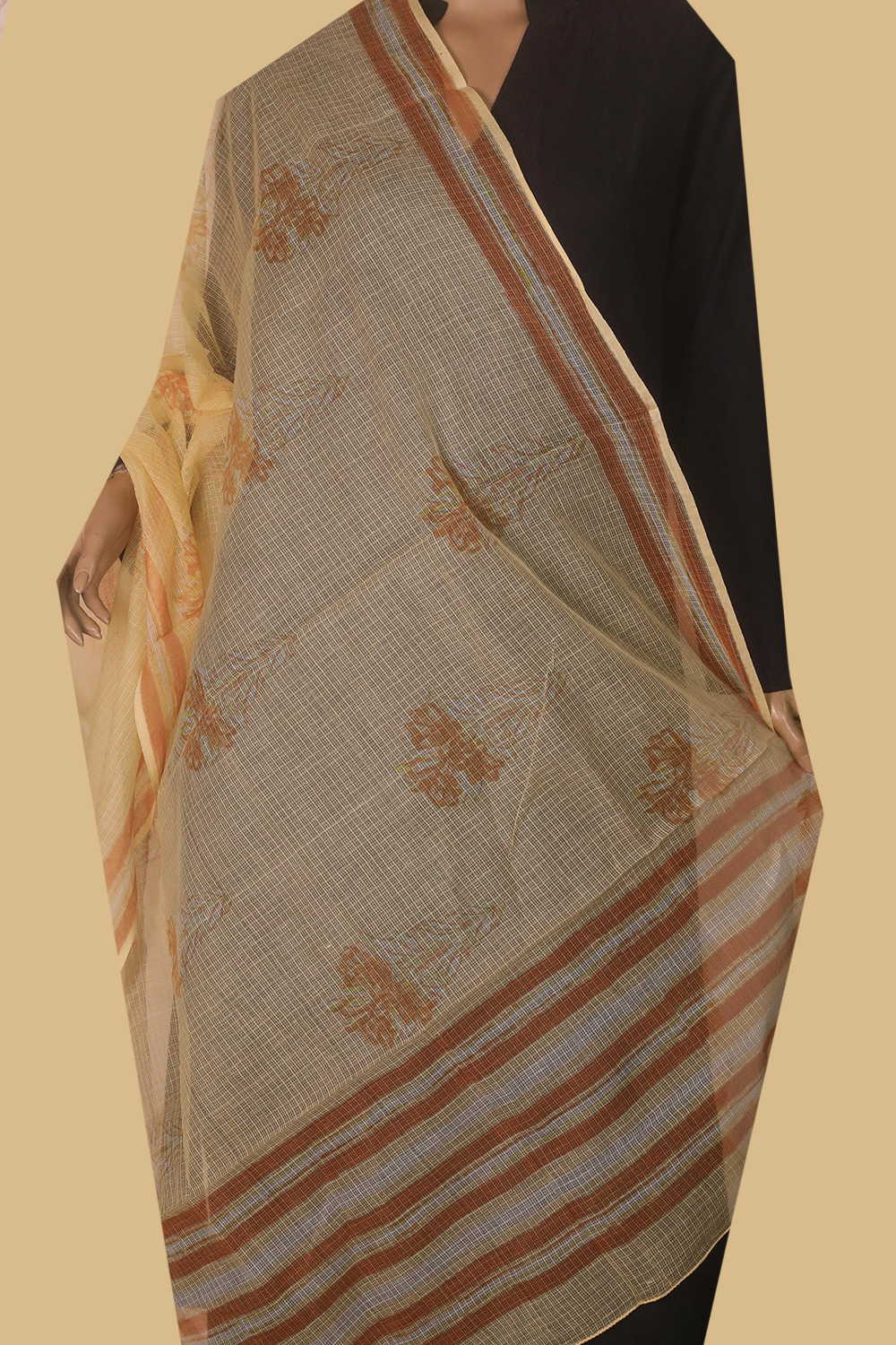 Florals on Peach Block Printed Kota Cotton Dupatta - Image 2