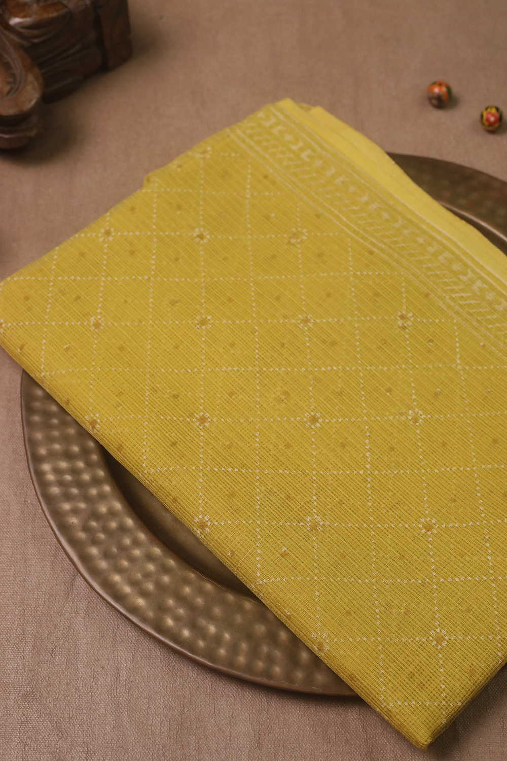 Patterned Yellow Block Printed Kota Cotton Dupatta