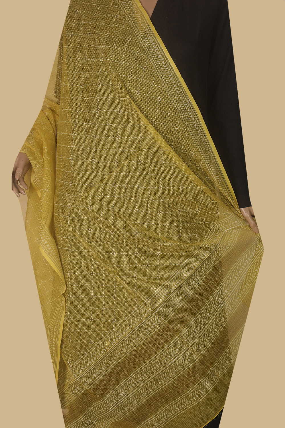 Patterned Yellow Block Printed Kota Cotton Dupatta - Image 2
