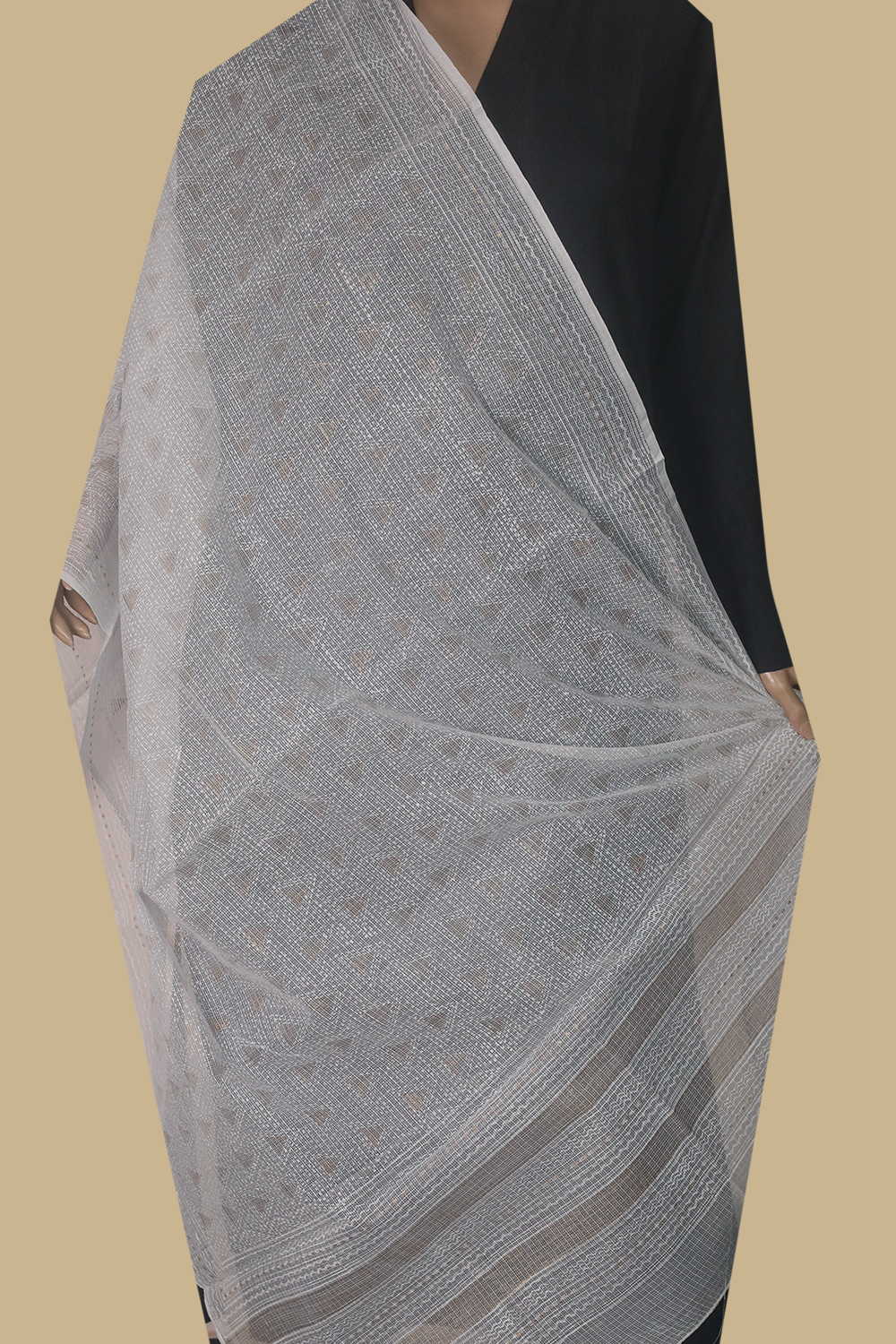 Triangle Patterns on Cream Block Printed Kota Cotton Dupatta - Image 2