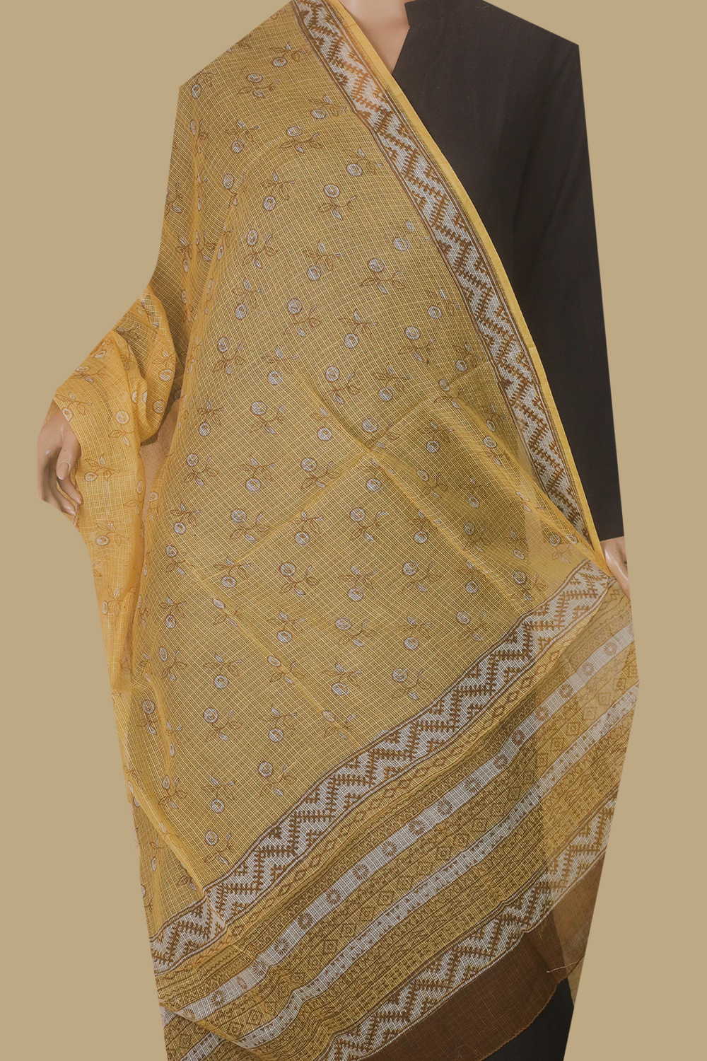 Yellow with Florals Block Printed Kota Cotton Dupatta - Image 2