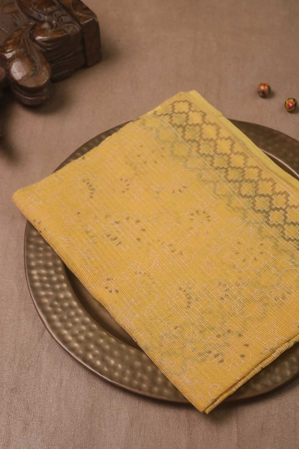 Dark Yellow Block Printed Kota Cotton Dupatta