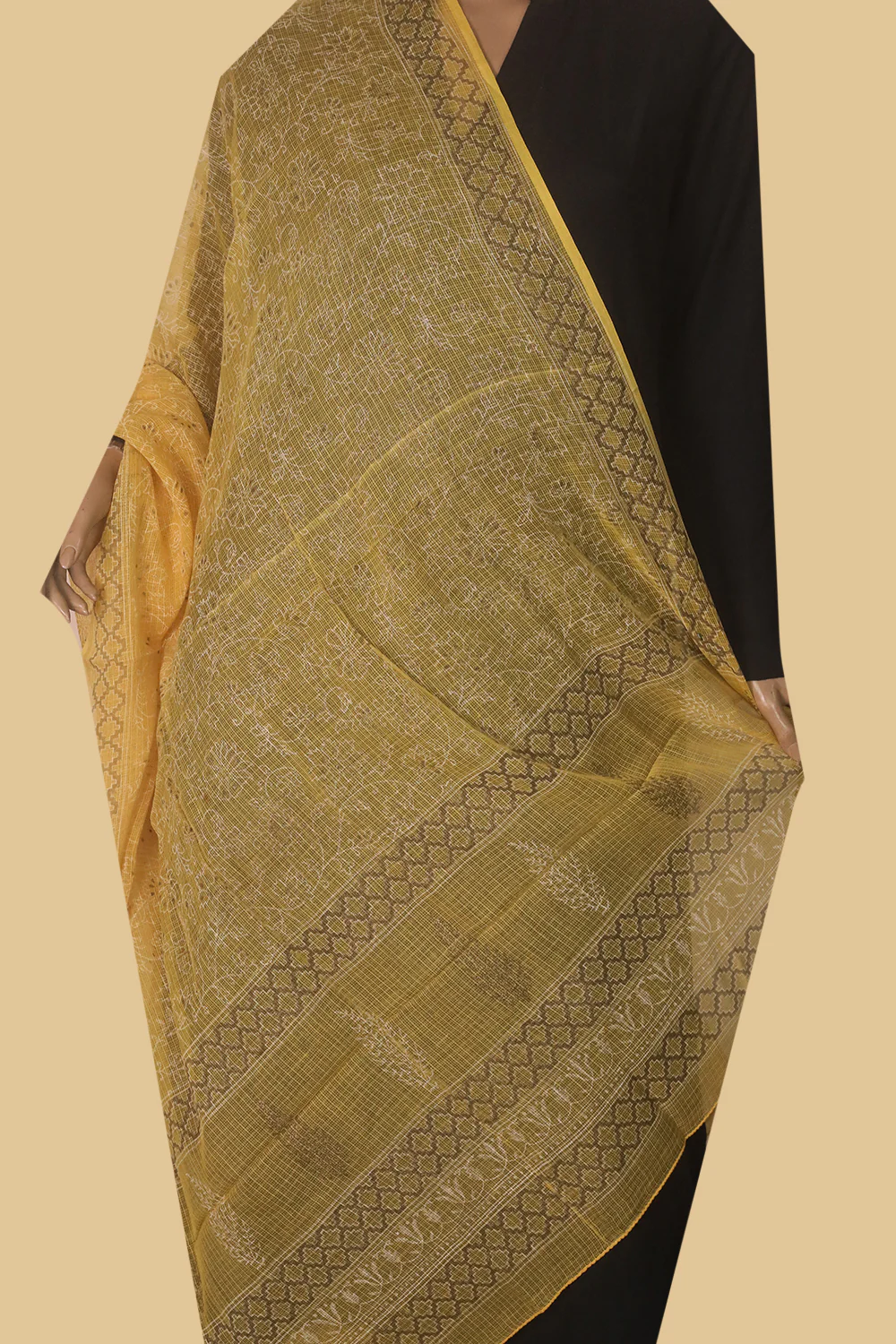 Dark Yellow Block Printed Kota Cotton Dupatta - Image 2