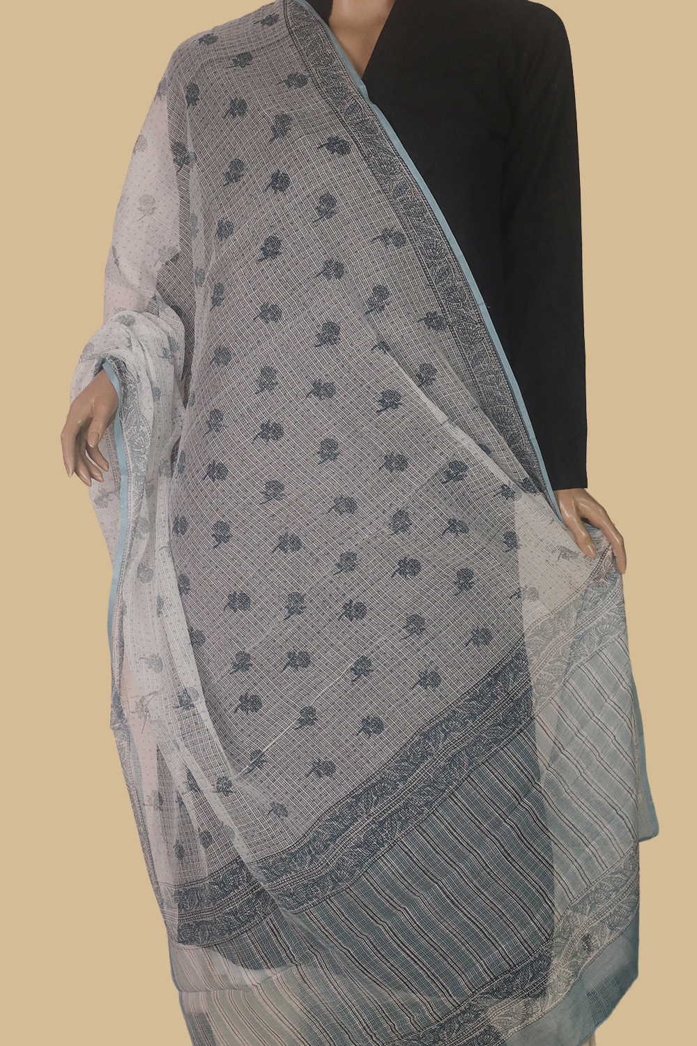 Creamy Blossom Block Printed Kota Cotton Dupatta - Image 2