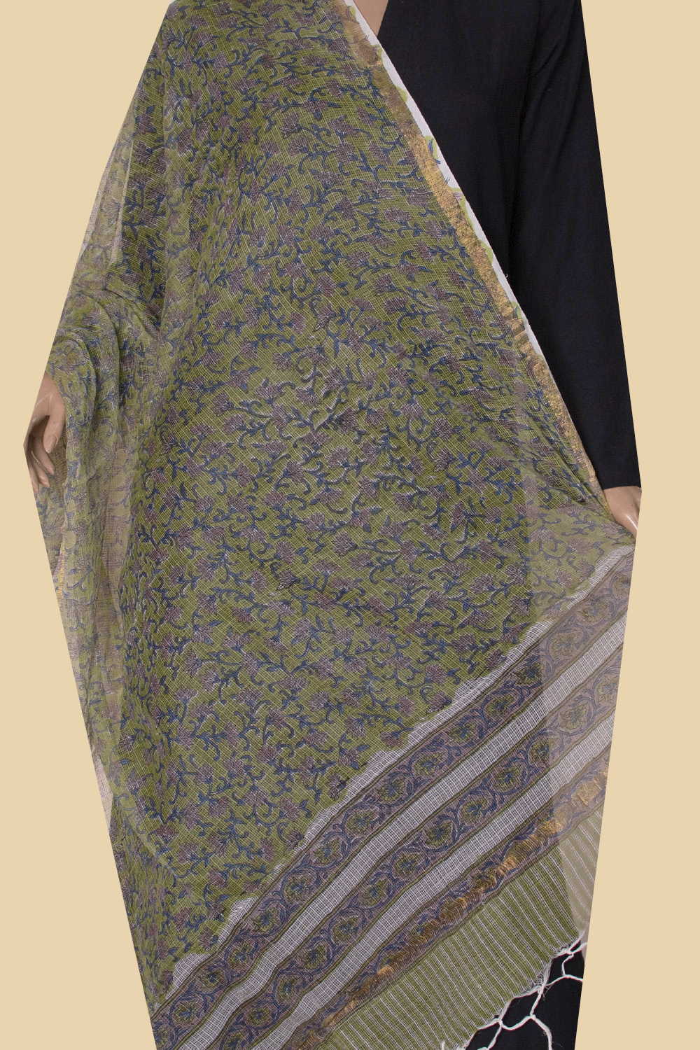 Green Block Printed Kota Cotton Dupatta - Image 2