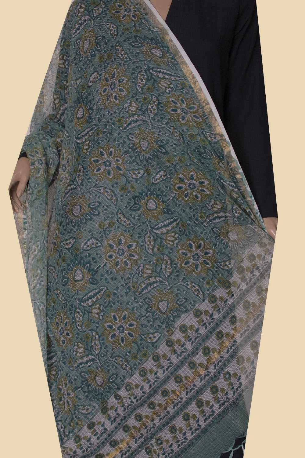 Floral - Green Block Printed Kota Cotton Dupatta - Image 2