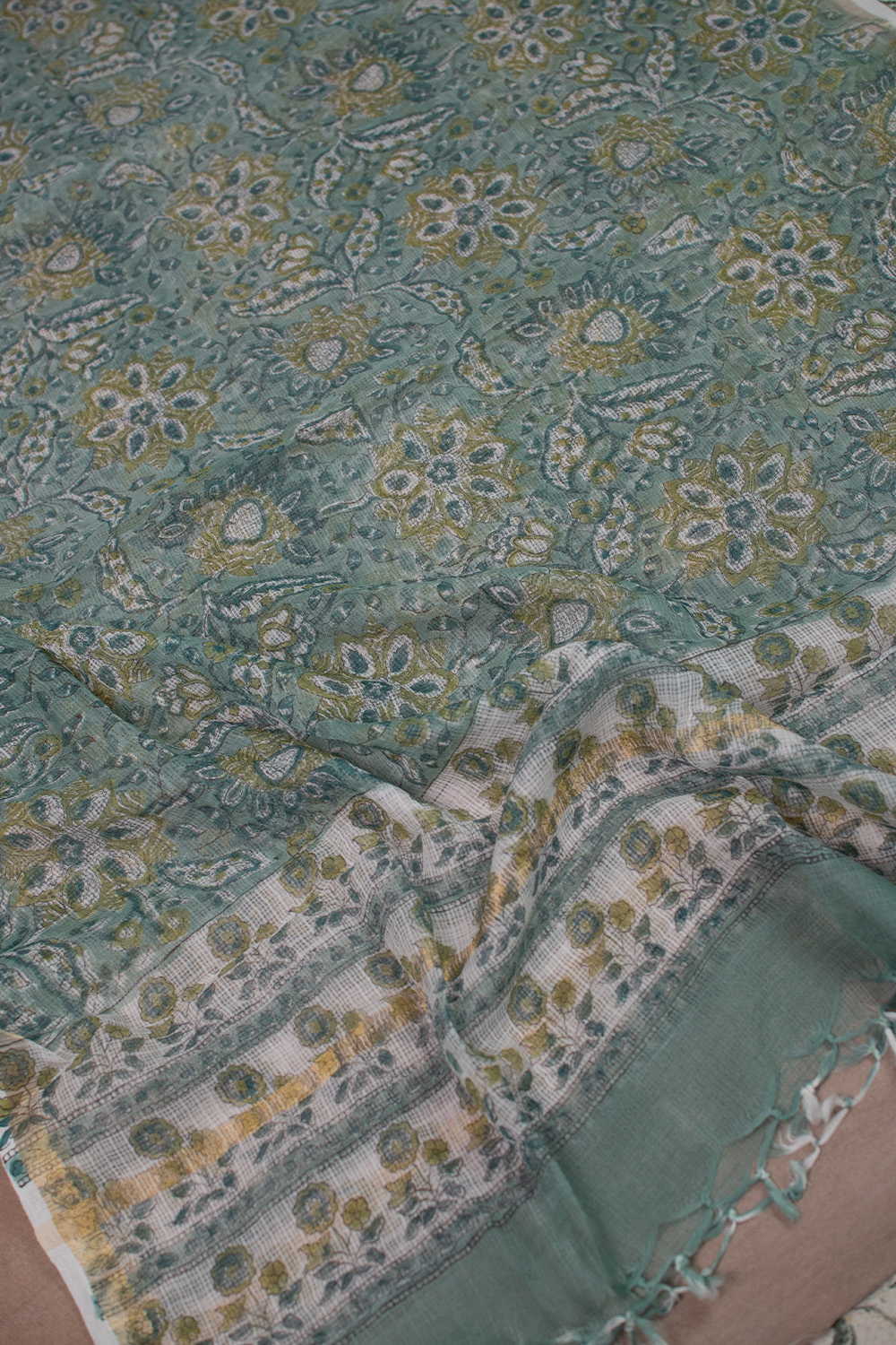 Floral - Green Block Printed Kota Cotton Dupatta - Image 3