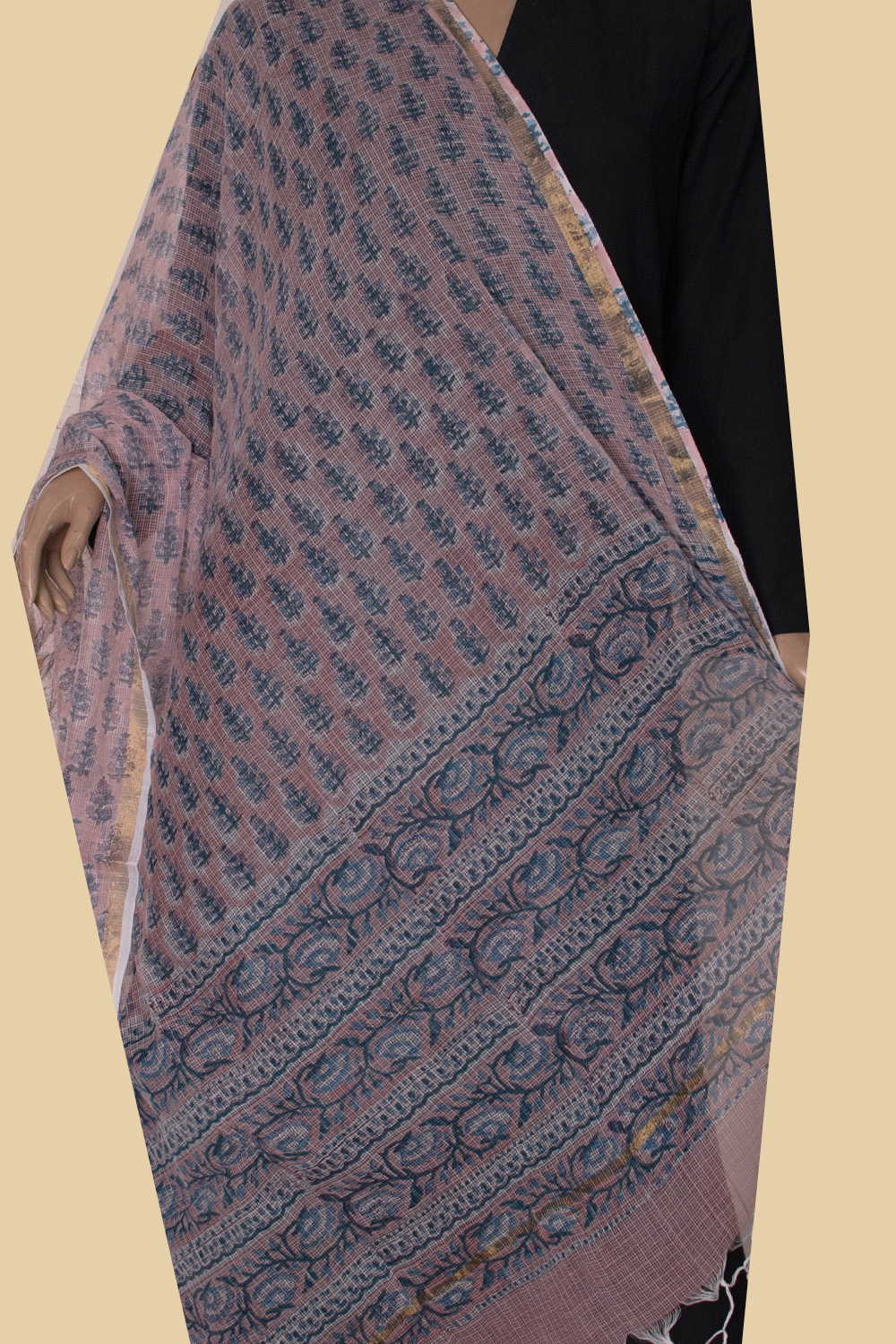 Buttas on Pink Block Printed Kota Cotton Dupatta - Image 2
