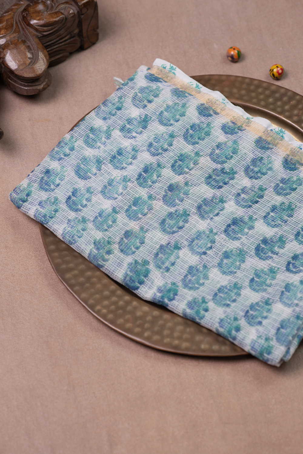 Green Florets Block Printed Kota Cotton Dupatta