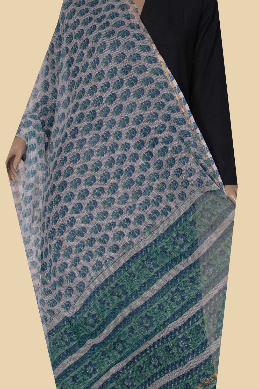 Green Florets Block Printed Kota Cotton Dupatta - Image 2