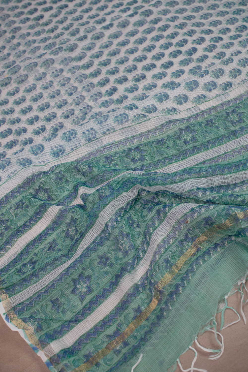 Green Florets Block Printed Kota Cotton Dupatta - Image 3