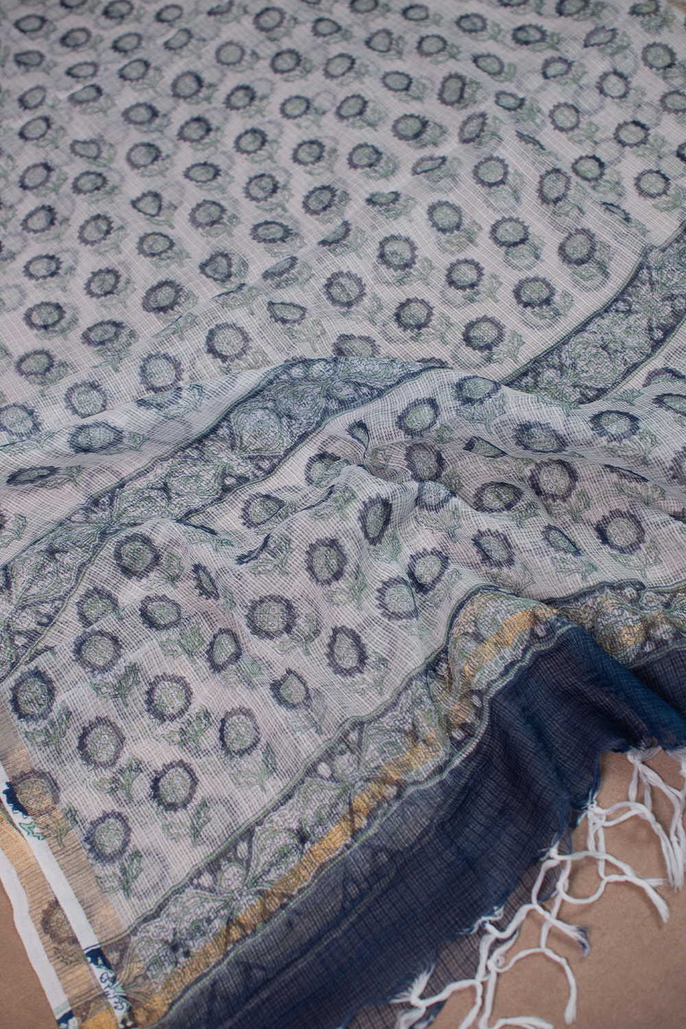Flower on Cream Block Printed Kota Cotton Dupatta - Image 2