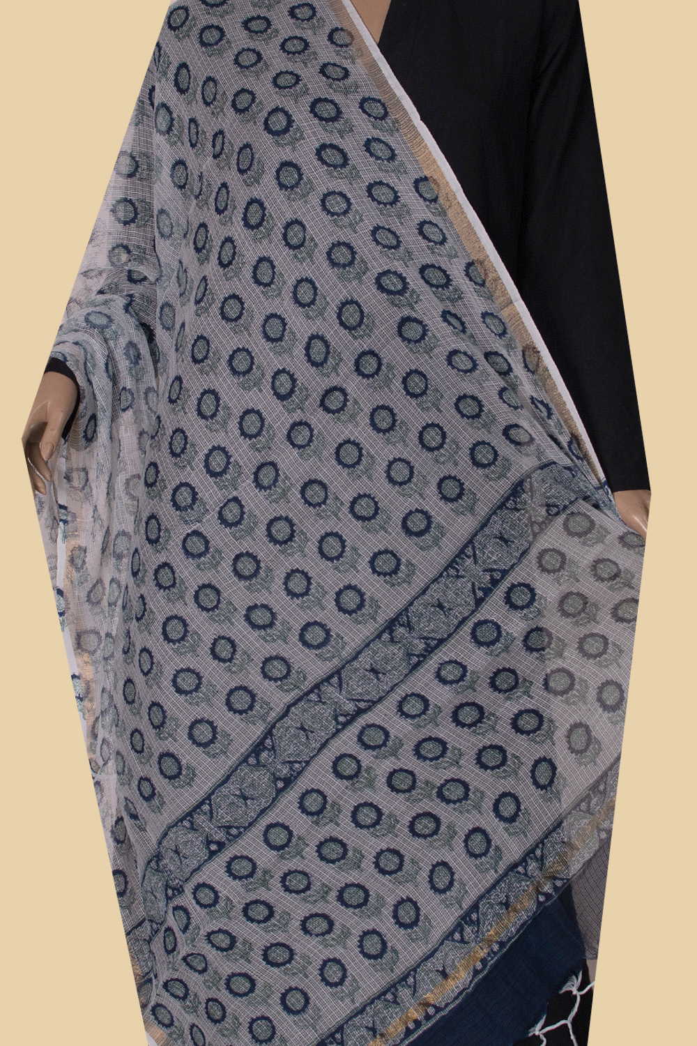 Flower on Cream Block Printed Kota Cotton Dupatta - Image 3