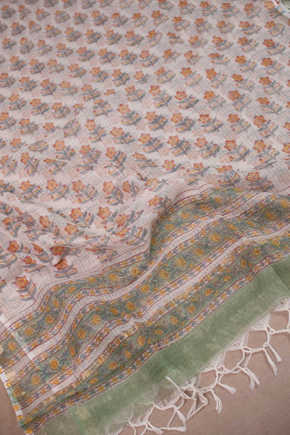 Cream - Floral Butta Block Printed Kota Cotton Dupatta - Image 2