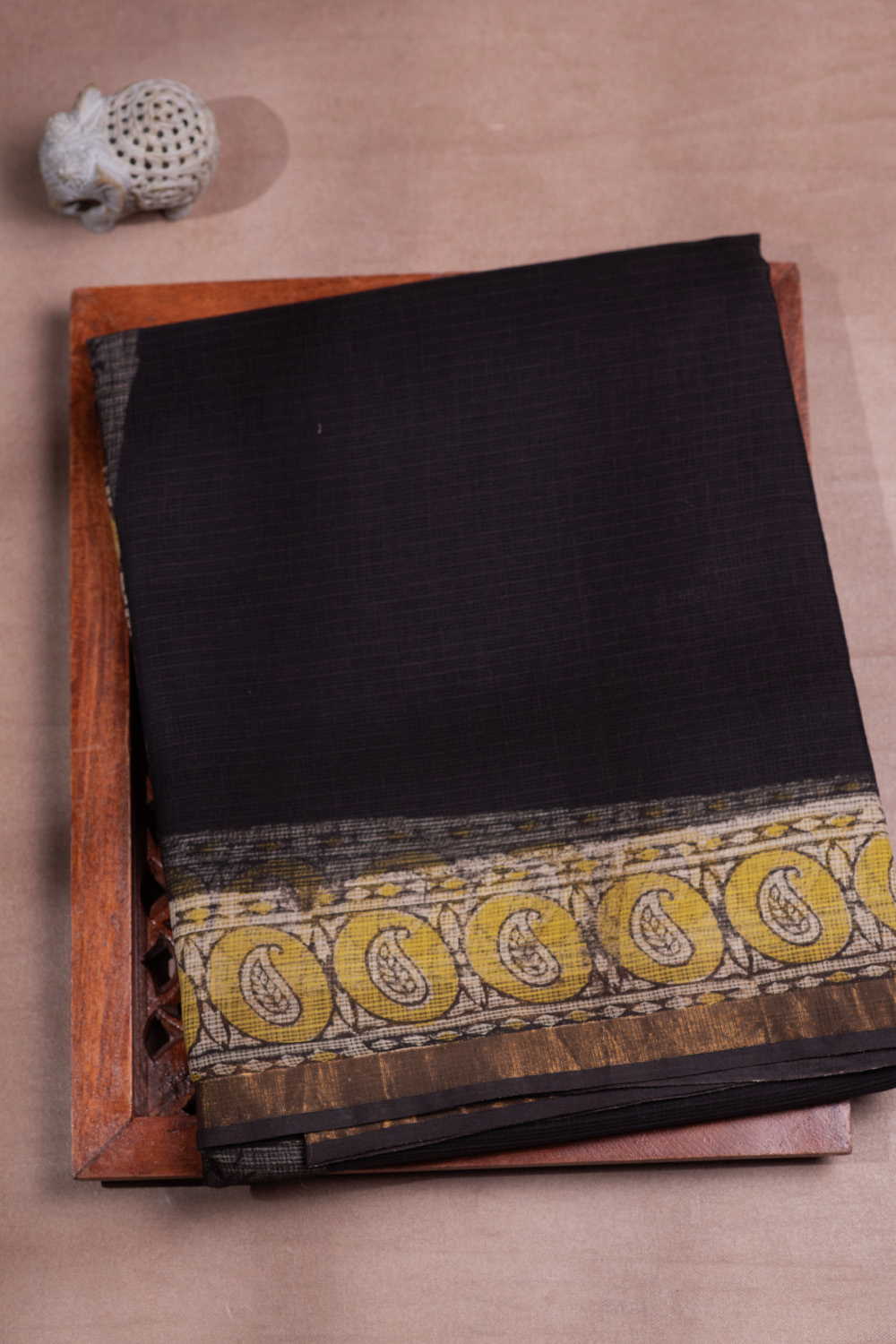 Yellow Border - Black Block Printed Kota Cotton saree