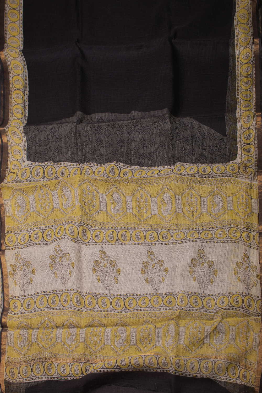 Yellow Border - Black Block Printed Kota Cotton saree - Image 2