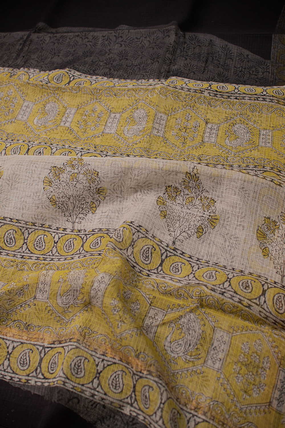Yellow Border - Black Block Printed Kota Cotton saree - Image 3