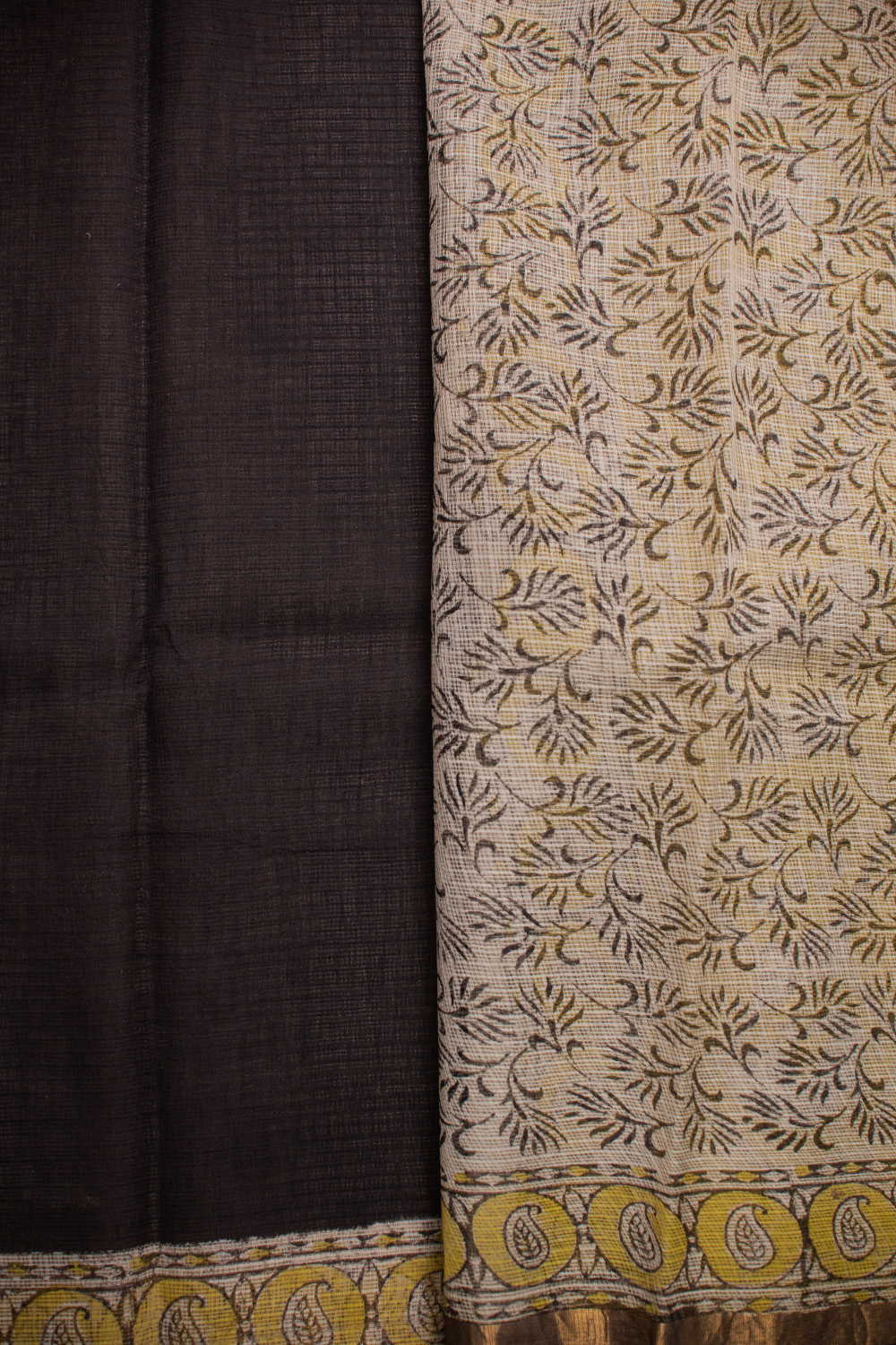 Yellow Border - Black Block Printed Kota Cotton saree - Image 4