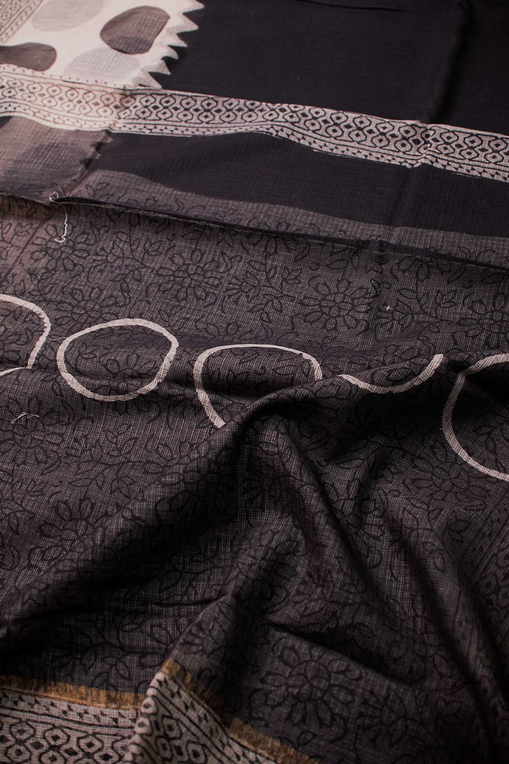 Zari Border - Black Block Printed Kota Cotton saree - Image 3