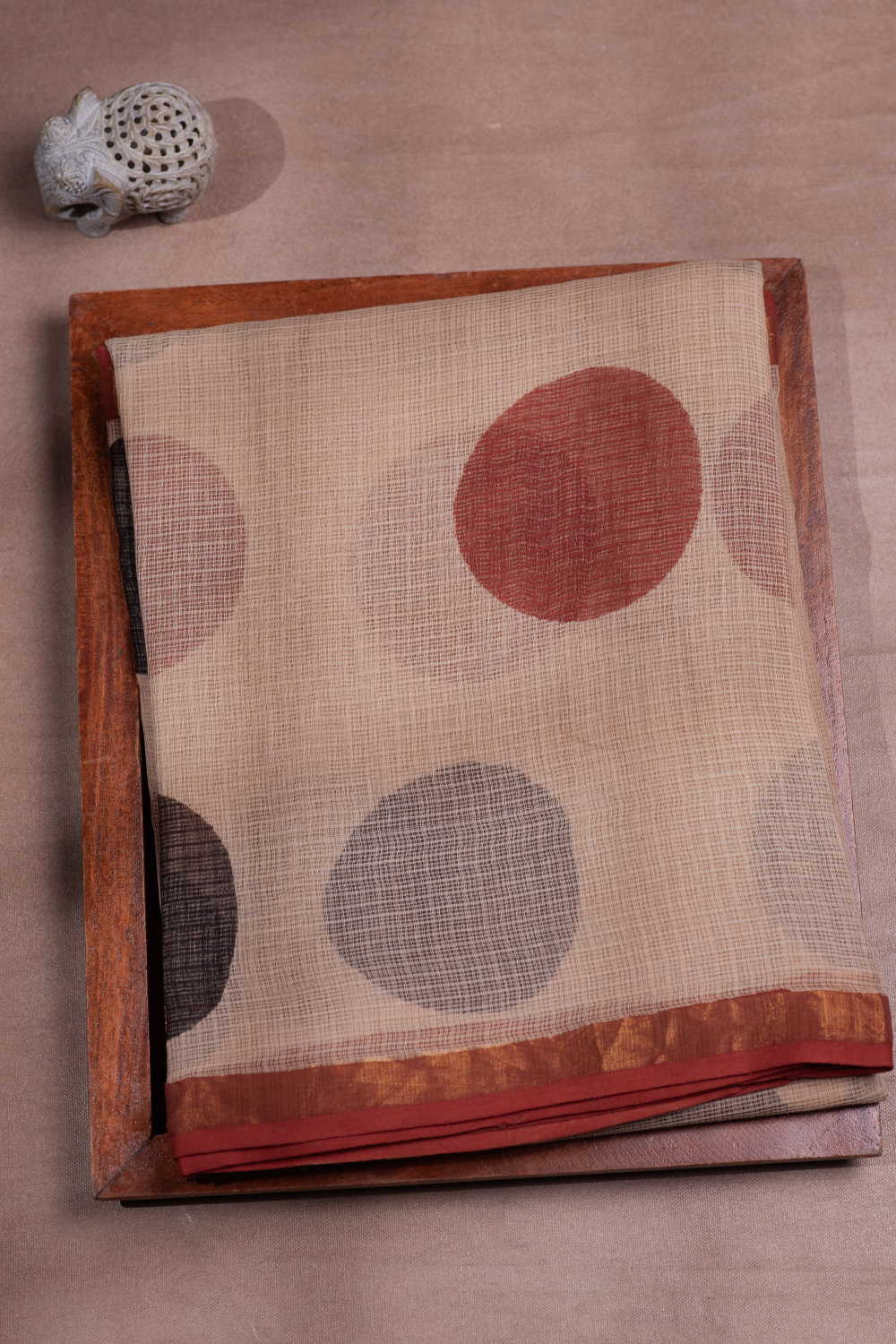 Polkas on Beige Block Printed Kota Cotton saree