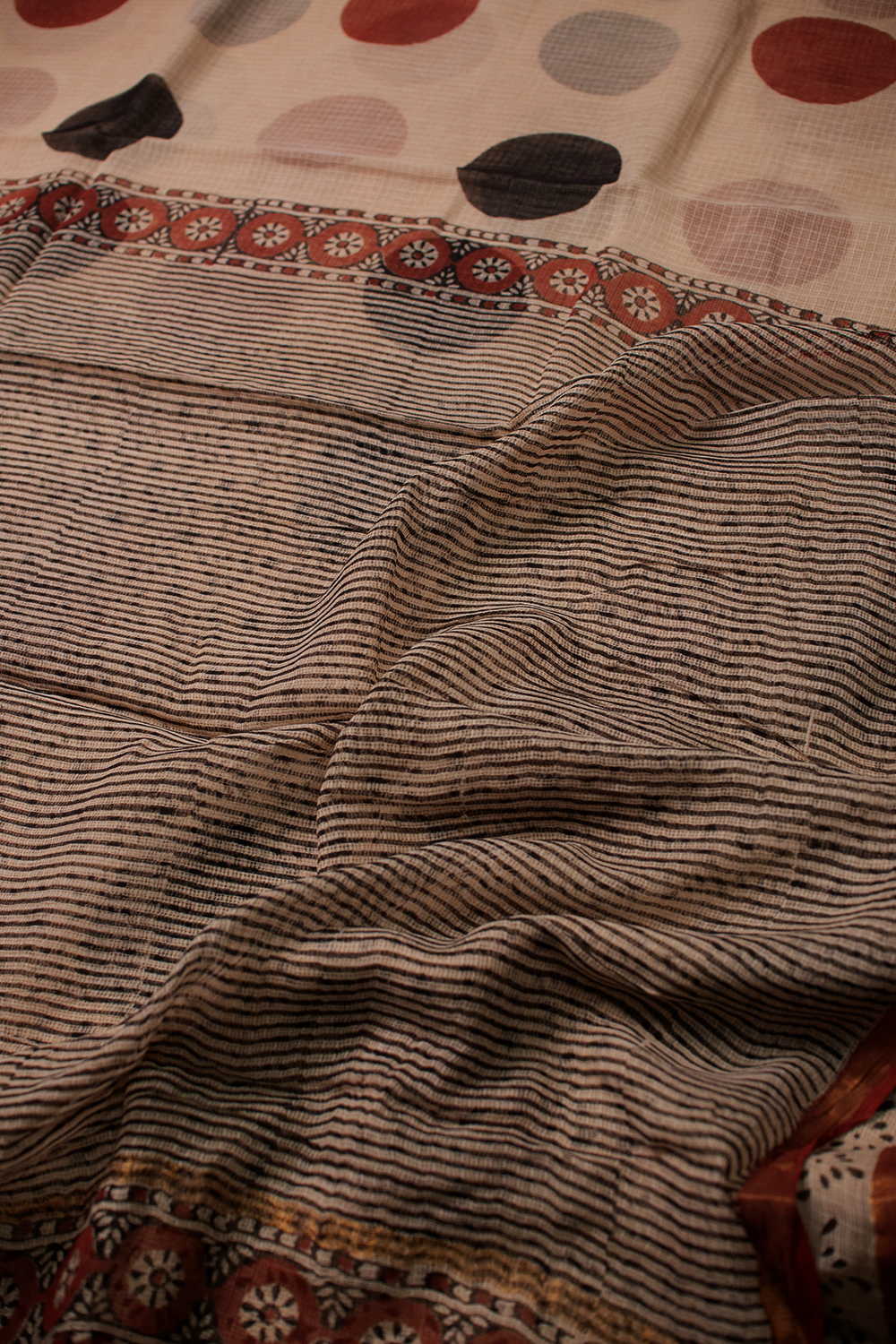Polkas on Beige Block Printed Kota Cotton saree - Image 3