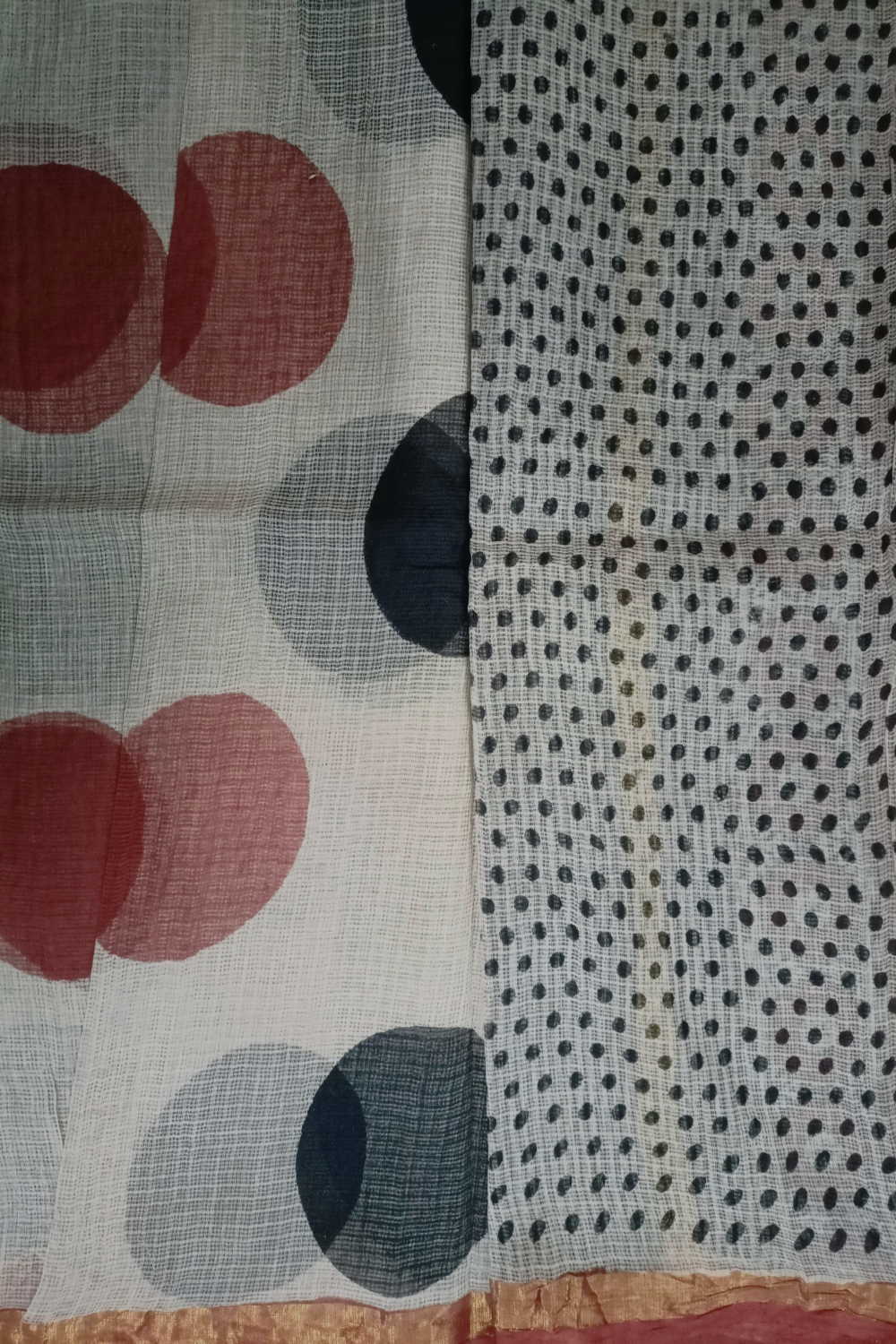Polkas on Beige Block Printed Kota Cotton saree - Image 4