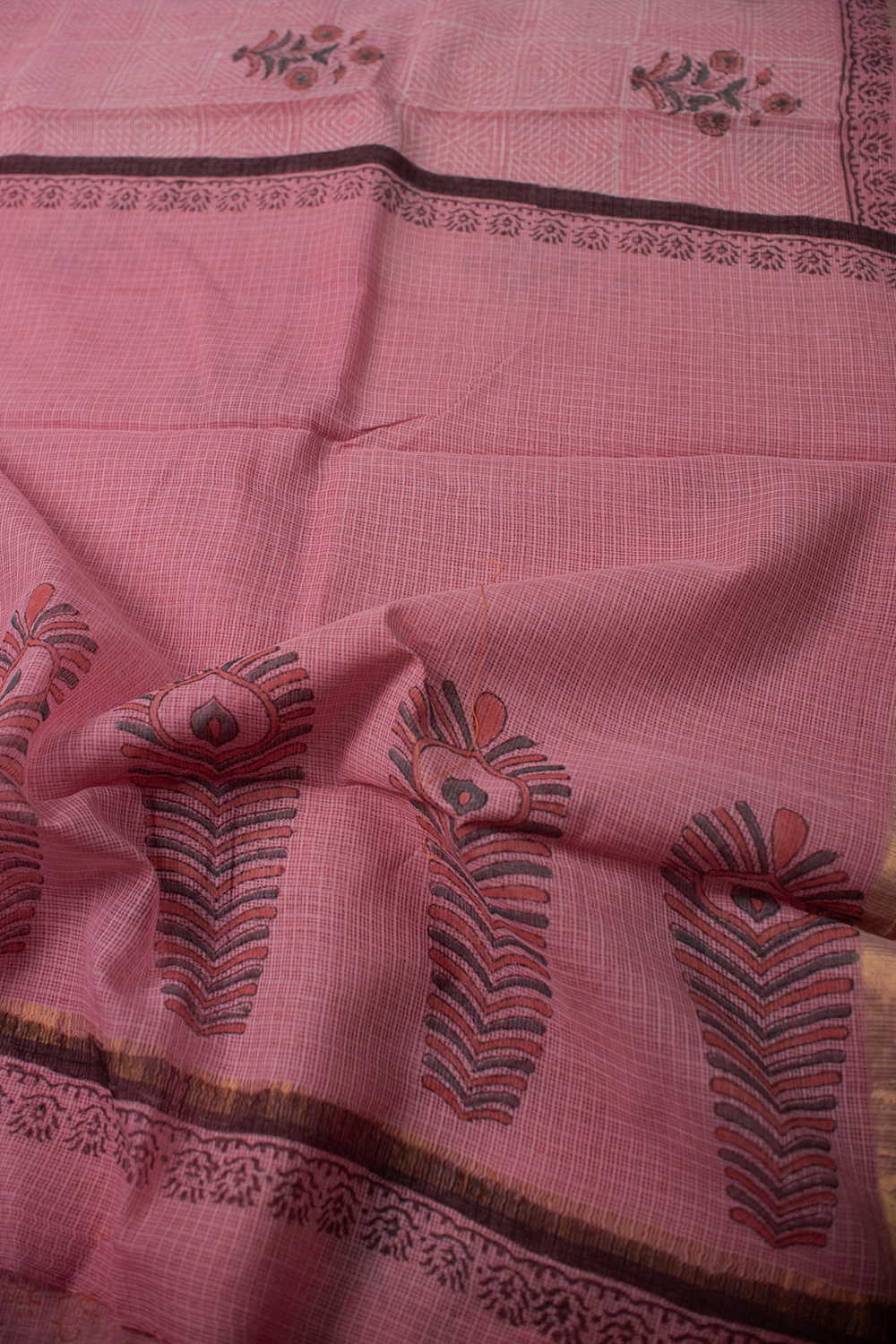 Pink Block Printed Kota Cotton saree - Image 3