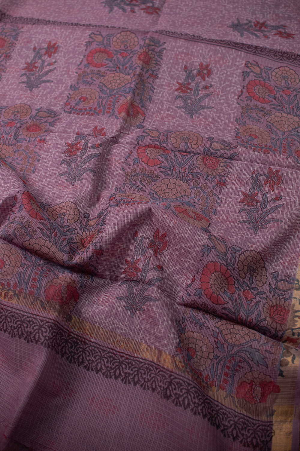Purple Block Printed Kota Cotton saree - Image 3