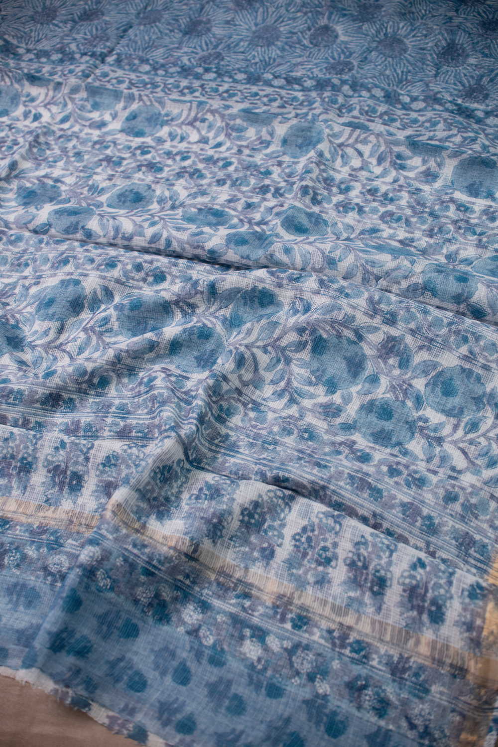 Blue Blossom Block Printed Kota Cotton saree - Image 3