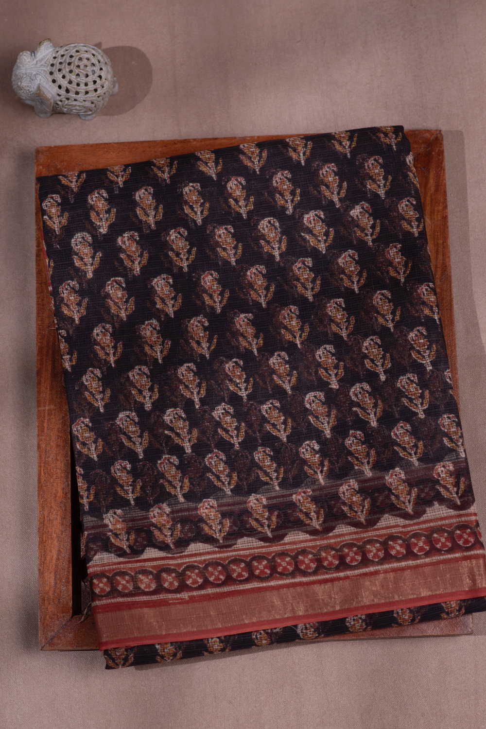 Motifs on Black Block Printed Kota Cotton saree