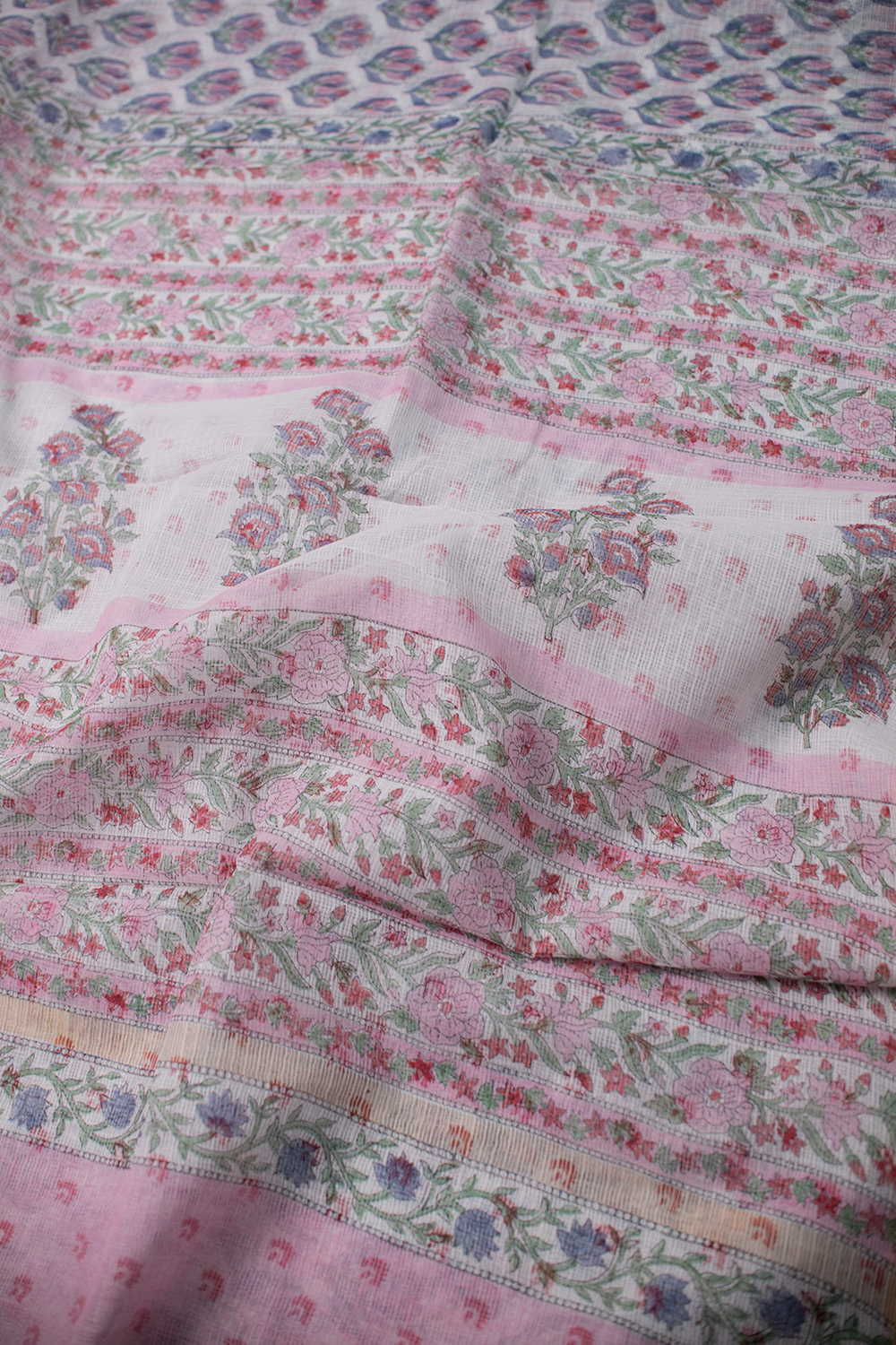 Buttas on Cream Block Printed Kota Cotton saree - Image 3