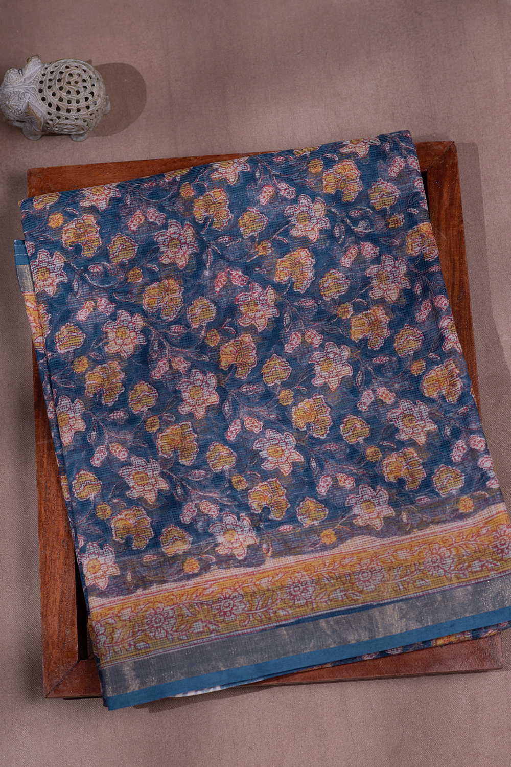 Yellow Bloom on Blue Block Printed Kota Cotton saree