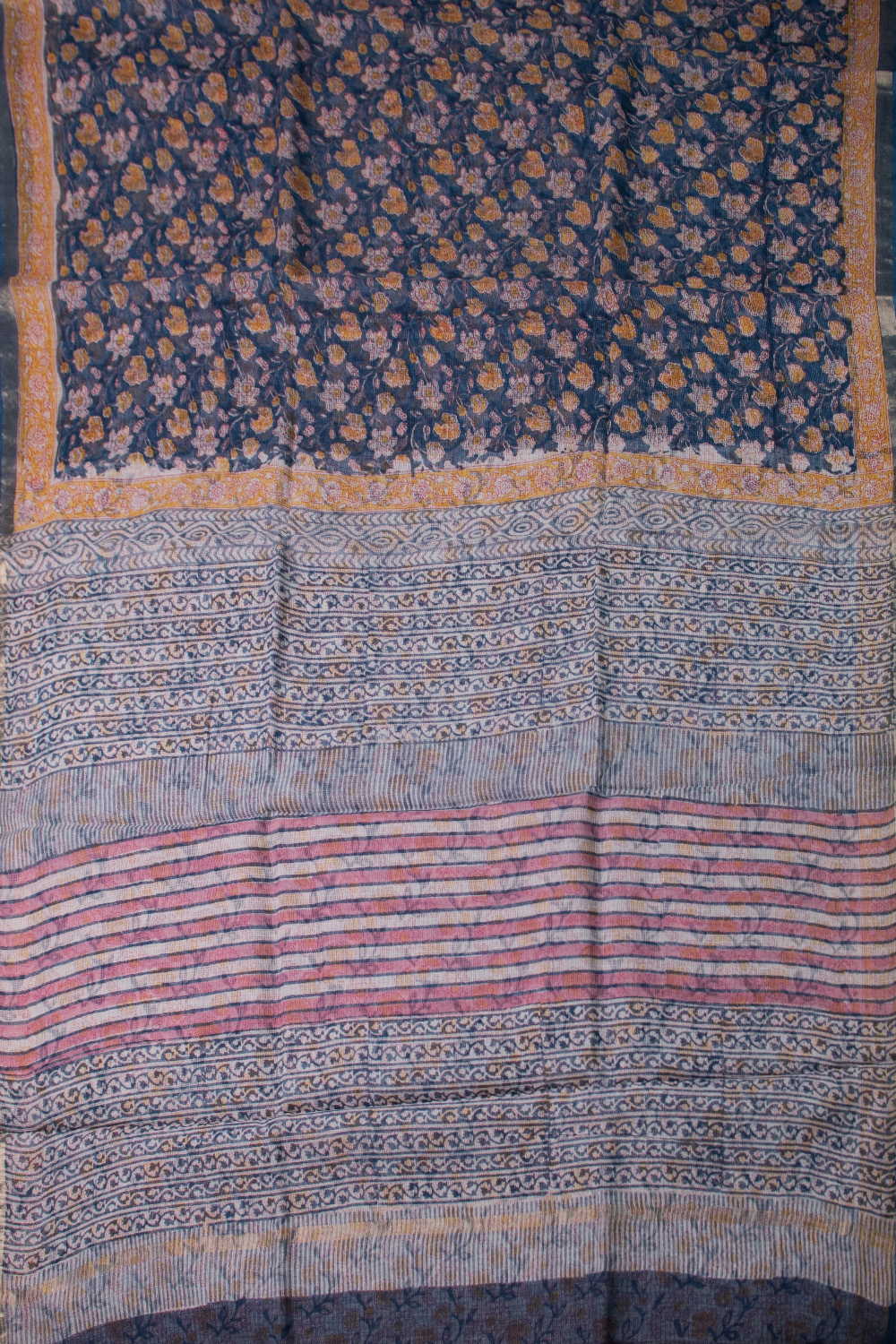 Yellow Bloom on Blue Block Printed Kota Cotton saree - Image 2