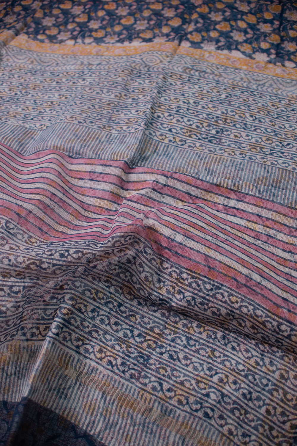 Yellow Bloom on Blue Block Printed Kota Cotton saree - Image 3