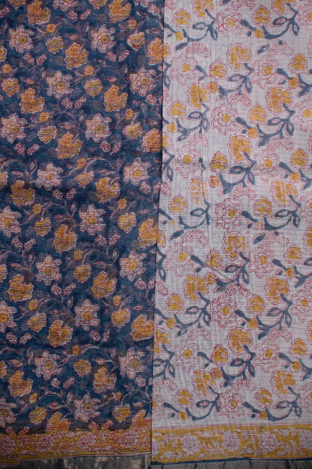 Yellow Bloom on Blue Block Printed Kota Cotton saree - Image 4