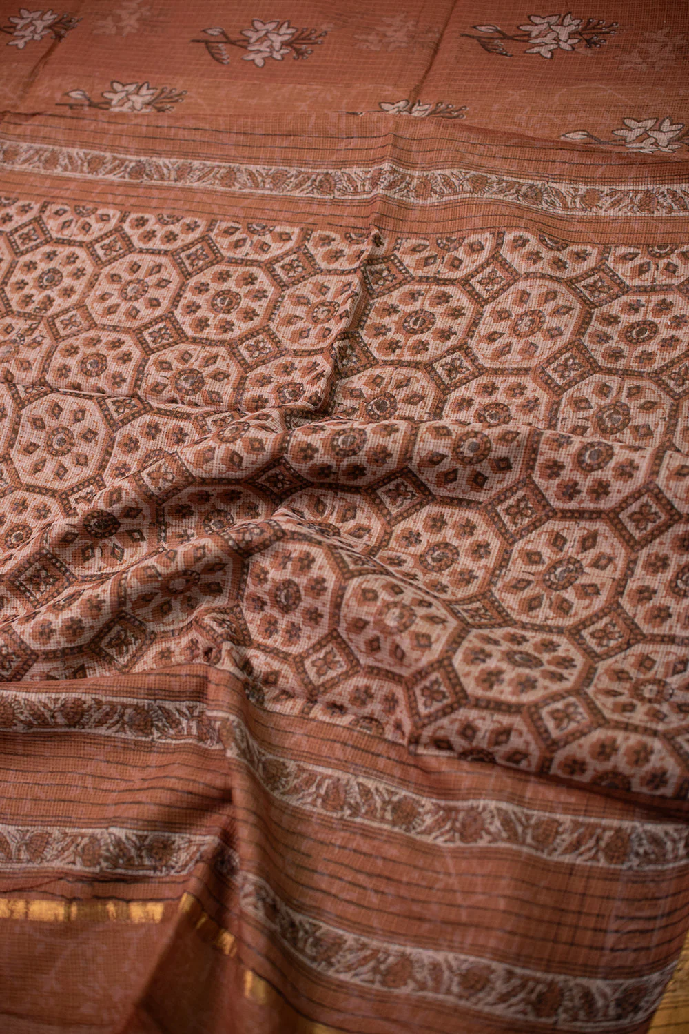 Brown Block Printed Kota Cotton saree - Image 3
