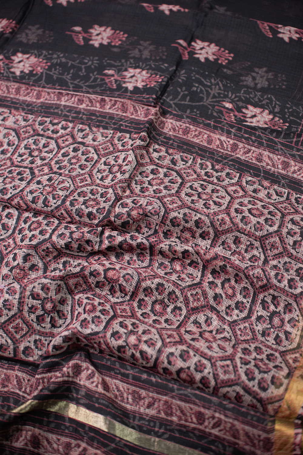 Black with Zari Border Block Printed Kota Cotton saree - Image 3