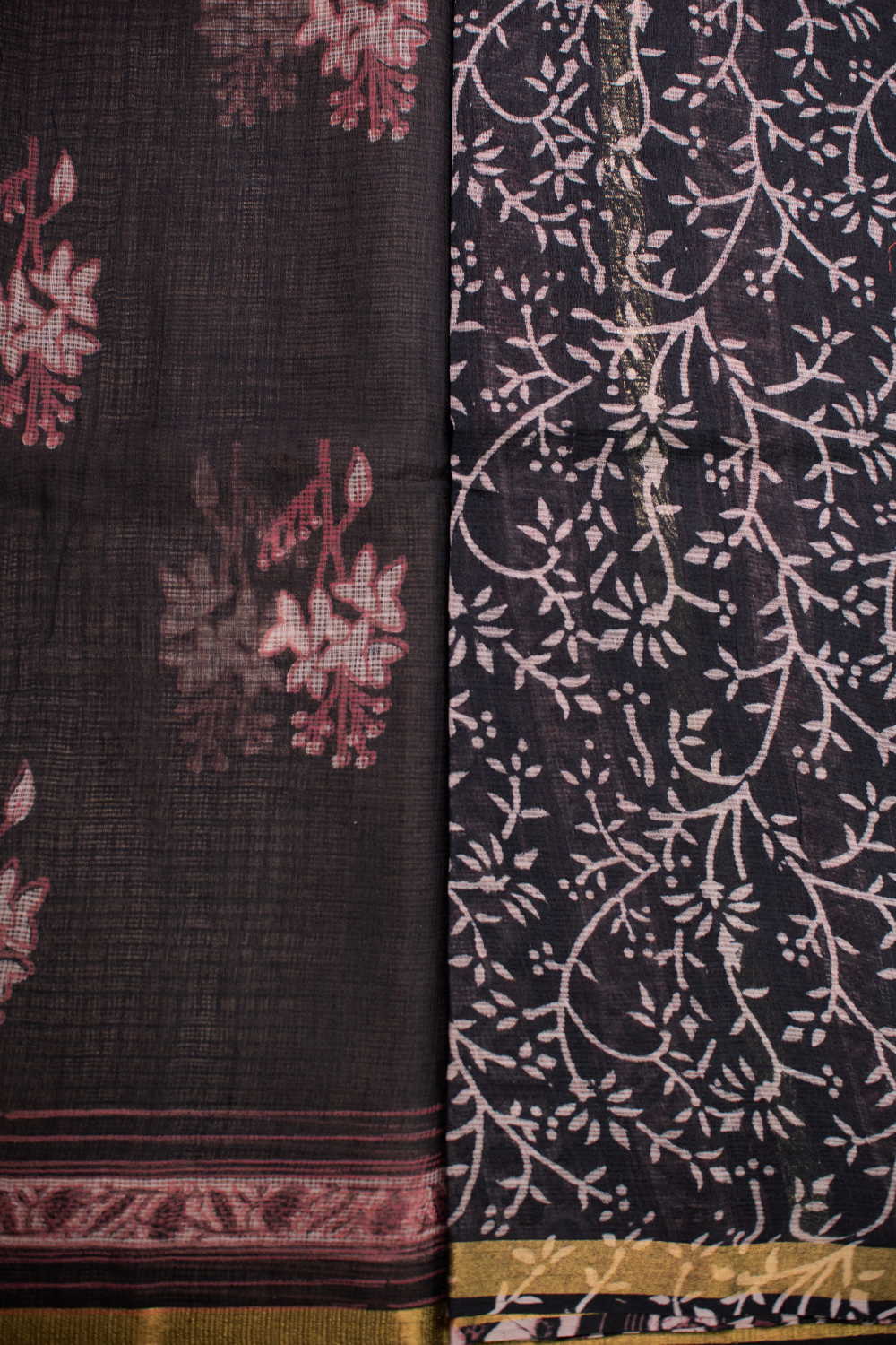 Black with Zari Border Block Printed Kota Cotton saree - Image 4