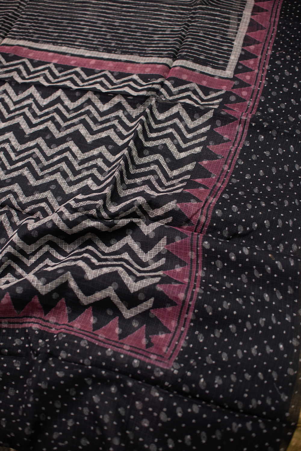 Black Block Printed Kota Cotton saree - Image 3