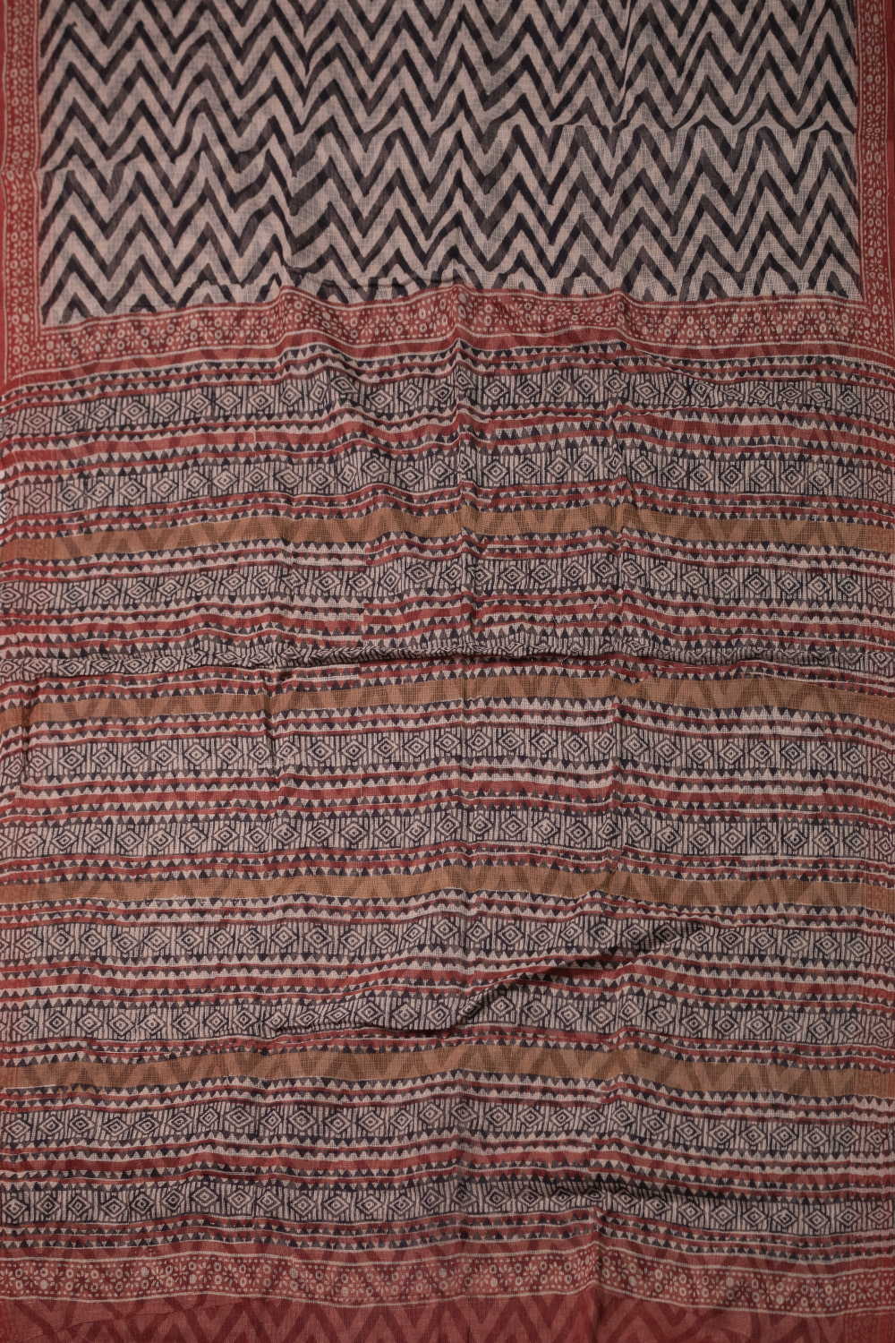 Black ZigZag Block Printed Kota Cotton saree - Image 2