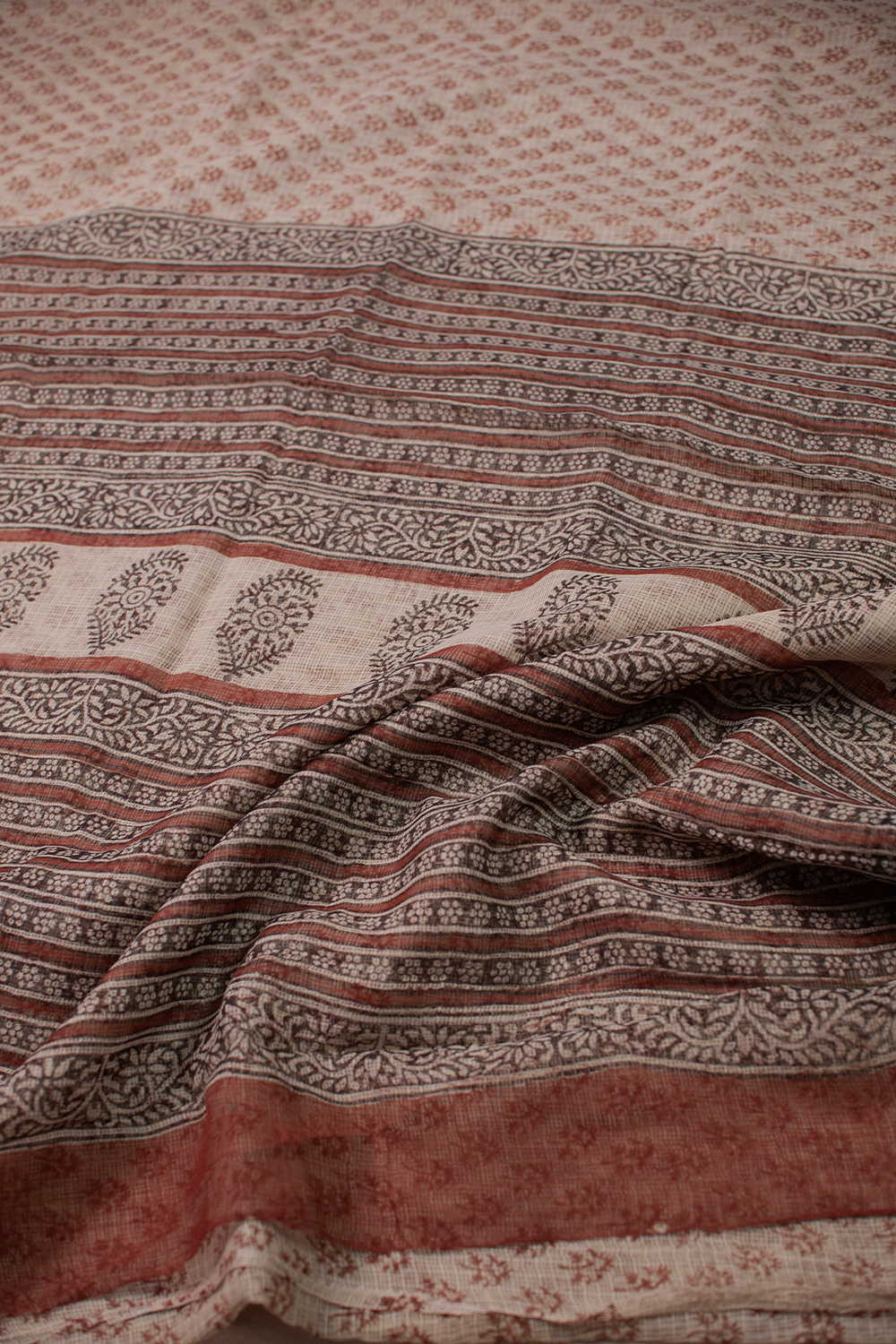 Maroon Buttas - Cream Block Printed Kota Cotton saree - Image 3